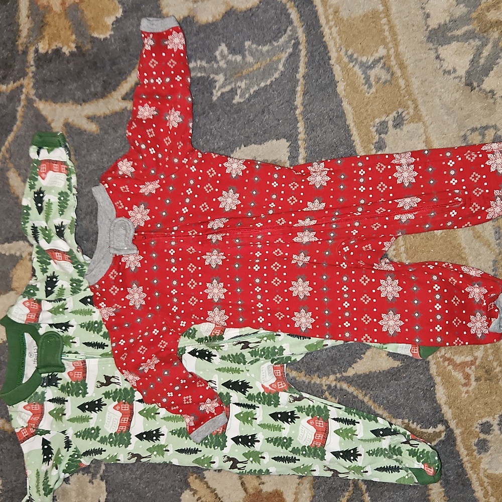 0-3m Organic Cotton Winter Christmas Onesies Red Green Bundle Footie Pajamas